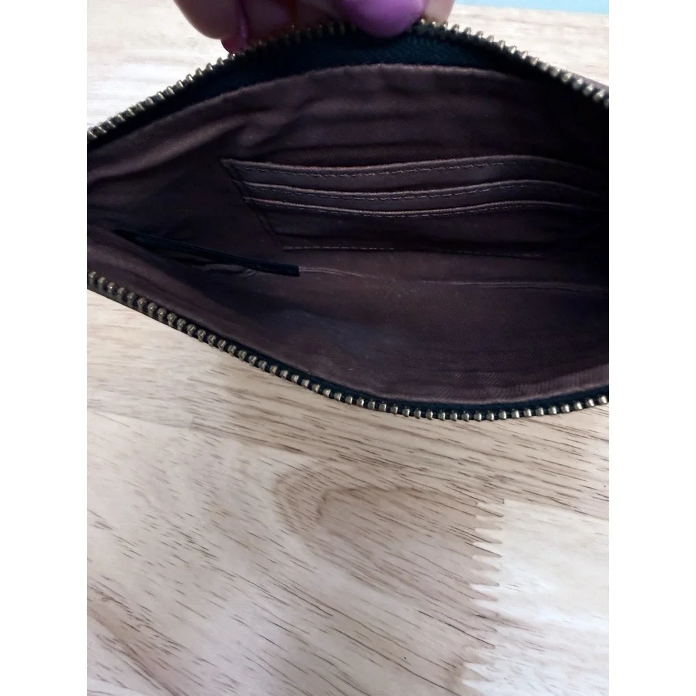 Fossil Leather Zip Pouch Clutch Colorblock Brown Pink Cosmetic Bag‎  #66